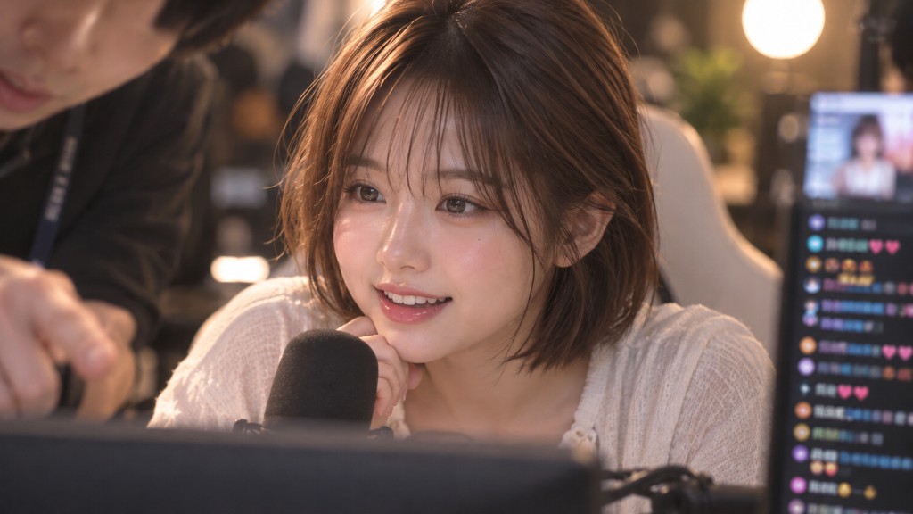 마이크 앞에서 방송하는 크리에이터