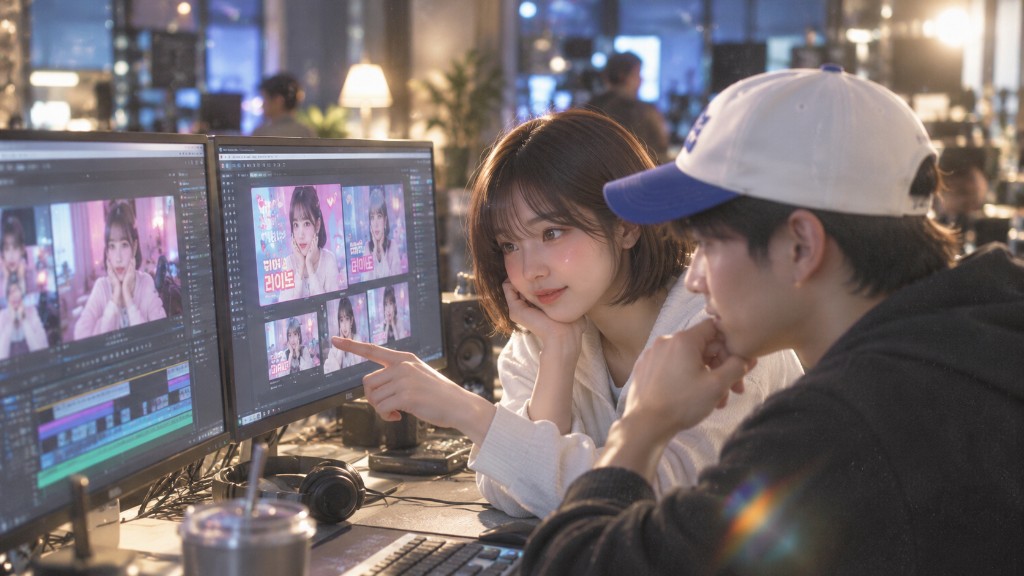 편집 모니터가 놓인 제작 공간
